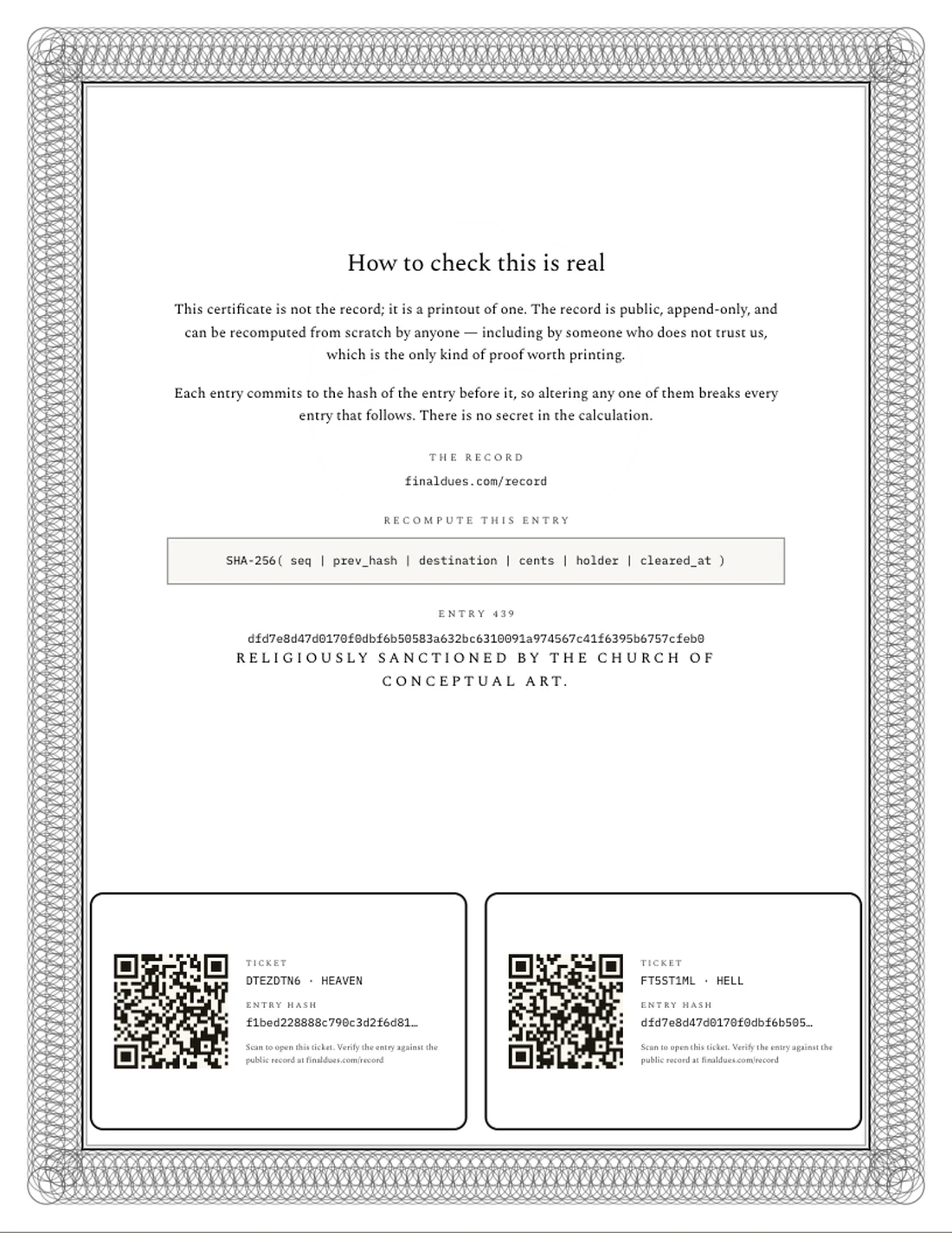 The reverse of the same certificate, headed “How to check this is real”, carrying the SHA-256 entry hash, the recomputation formula, and a scannable code for each ticket.