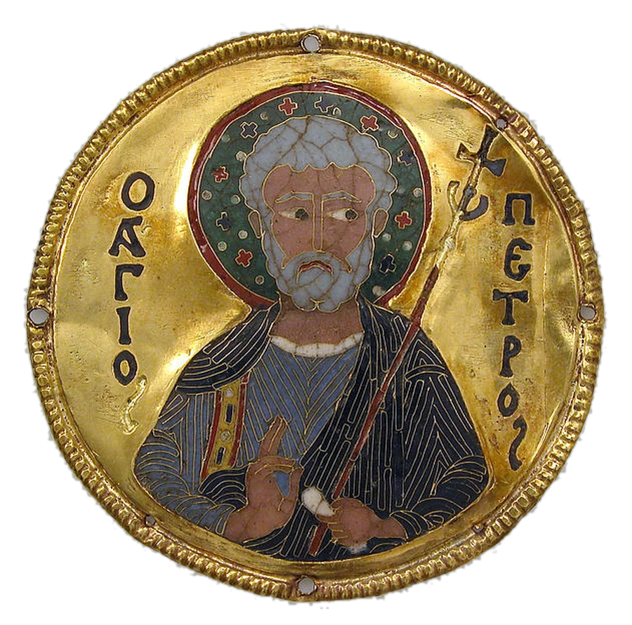 A circular Byzantine medallion in gold and coloured enamel showing a bearded Saint Peter holding a cross-staff, his name lettered in Greek on either side of his head.