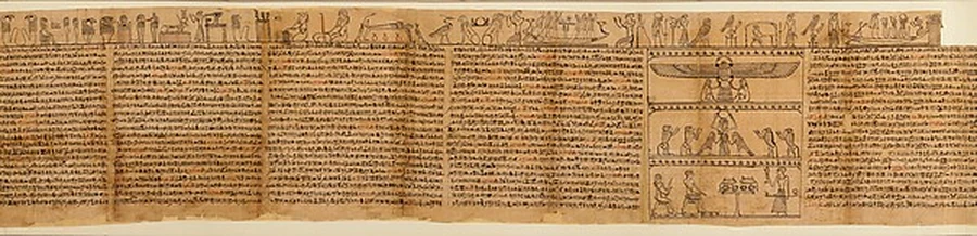 A long ancient Egyptian papyrus covered in columns of hieroglyphic text and small painted vignettes.